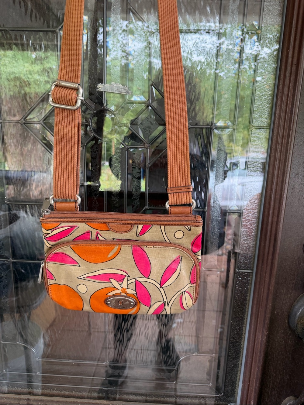 Fossil Beige Crossbody with Pink & Orange Leaf Print